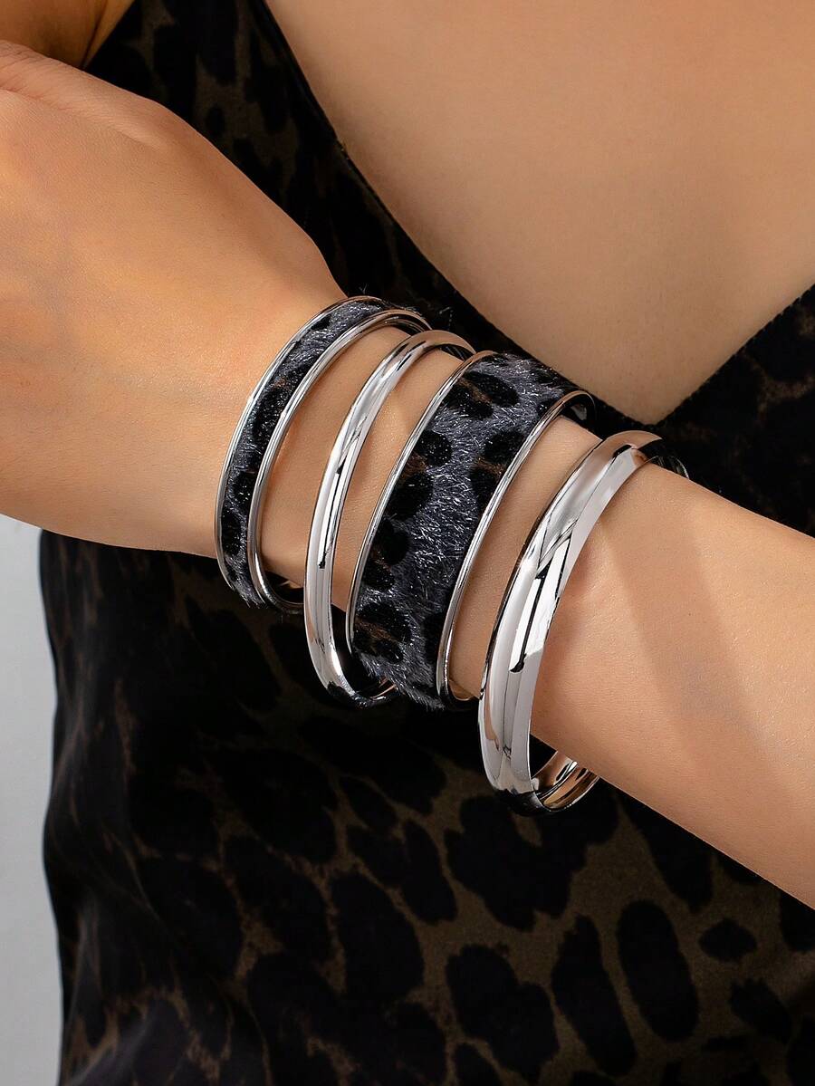 2 Pcs Leopard Print PU Leather Cuff Bangles & 2 Pcs Minimalist Metal Cuff Bracelets , Stacked Bangle Bracelets Set For Women - Leopard Print PU Leather Metal Bracelet Set - View 1