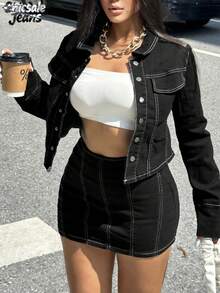 Giacca di jeans a maniche lunghe con contrasto di colore, aderente, da donna per l'autunno