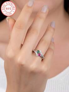 A Bespoke 925 Sterling Silver Ring, Set With Your Birthstone And Engraved With Your English Name. Laser-Etched Name, Heart-Shaped Birthstone Promise Ring, Double-Name Engraved Ring, Christmas Gift, Handcrafted Jewellery. - Multicolor - View 3