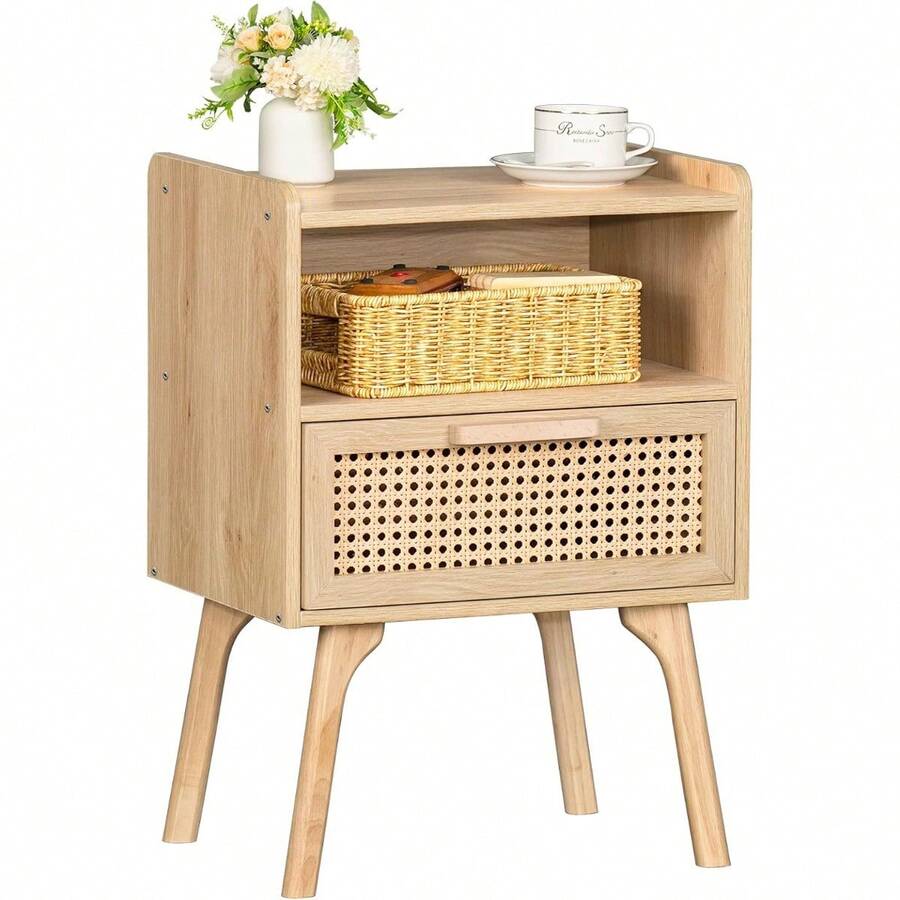 Rattan Nightstand, Boho Side Table With Drawer Open Shelf, Cane Accent Bedside End Table With Solid Wood Legs For Bedroom, Dorm And Small Spaces (Natural) - 自然的 - 查看 1