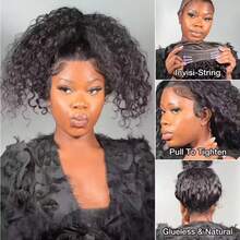 Invisi Strap 360 Deep Wave Lace Front Wigs Human Hair 250% Density Deep Curly Human Hair Wig Wet And Wavy Glueless 360 HD Lace Frontal Wig With Drawstring Pre Plucked Natural Hairline 13x6 HD Curly Human Hair Wigs For Women Natural Black Color - Natural Black - 查看 7