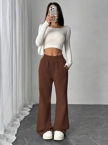 Women's Casual Solid Color Elastic Waist Pocket Loose Flare Leg Pants, Suitable For Street, Daily Wear, Valentine's Day, New Year, Comfortable Street Style - Rust Brown - View 3