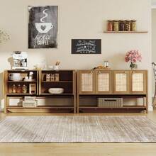 Sideboard Buffet Cabinet With Storage,55" Boho Credenza Storage Cabinet With 4 Doors And Adjustable Shelf, Farmhouse Wood Coffee Bar Console Cabinet Buffet Table For Kitchen, Dinning Room, Entryway,24615269 - 黑與白 - 查看 5