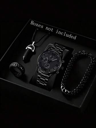 4 件/套，男士手表，黑色阿拉伯数字石英表，合金材质，1 件男士时尚手链+项链+戒指首饰套装，适合工作和日常佩戴，情人节礼物男士手表手链套装