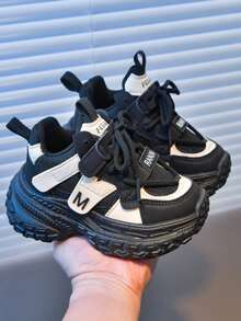 Kids' Fashionable Casual Sports Shoes, Student Running Shoes, Campus Sports Chunky Sneakers, Suitable For All Seasons, Color Blocking Woven Sports Shoes