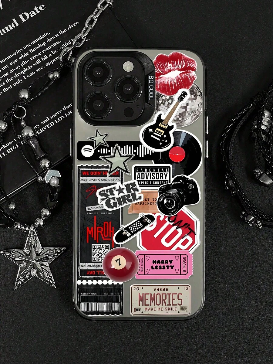 1个贴纸标签元素手机壳，插画风格，磨砂防摔摄像头保护壳，兼容 11、12、13、14、15、16 Pro Max、X、XS、XR、16E、15 Plus，Galaxy A03、A05、A05S、A12、A14、A15、A32 4G/5G、A35、A52/A52s 5G，OPPO A16、A17、A36、A57 4G、A58 4G、A60、A78 4G、A94、A95，Realme C21Y、C30、C35、C53、C67 4G，vivo Y02、Y02s、Y03、Y18 4G、Y17s、Y20、Y21 - 彩色 - 查看 1