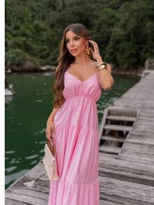 Casual Long Dress With Thin Straps And Discreet Neckline - 粉色 - 查看 6