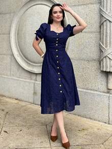 Women's Midi Dress, Casual, Elegant, Cotton, Daily - 藏蓝色 - 查看 6