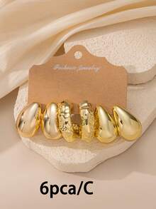 6-18pcs/Set New Asymmetrical CCB Gold Lightweight Earring Set, Textured C-Shape And Teardrop Designs, Versatile Everyday Wear For Women - Gold - View 7