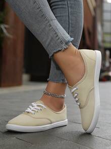 Women's Comfortable Canvas Lace-Up Shoes - Soft Breathable Casual Sneakers, Suitable For Walking And Running - Light Khaki - View 5