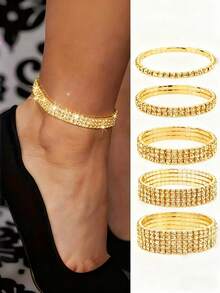 Stylish Minimalist Women Fully Rhinestoned Anklet, Super Shiny Elastic 1-5 Rows Anklets Bracelet For Birthday Wedding Party Accessories - Silver - View 12