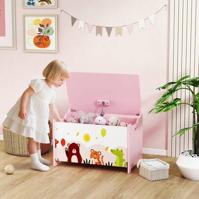  AIYAPLAY Caja de Almacenaje de Juguetes, Baúl Juguetes Infantil, Tapa Abatible con Cierre Suave, Asas, Estampados de Animales, para Libros, Ropa en Dormitorio, Sala de juegos, Guardería, Rosa