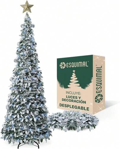 Árbol de Navidad de Lápiz de Nieve Plegable de 1.80m con 150 Luces LED, 8 Modos de Iluminación + Estrellas + 35 Bolas Plateadas (Nieve)