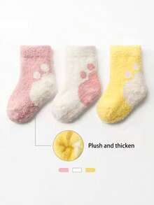 3pairs Baby Thickened Warm Floor Socks With Inner Plush For Autumn And Winter - Multicolor - View 9