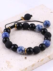 Natural Stone & Stainless Steel Beaded Bracelet, Woven Design, Fashionable & High-End, Luck Charm, Gift For Boyfriend