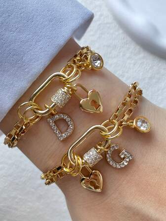 STYLEVER 1 PC Gold A-Z Initial Letter Bracelet, Screw Buckle Chain, Minimalist Diamond-Encrusted Letter Pendant, Stainless Steel Chain, Charm And Unique Bracelet, For Daily, Party,Banquet Decor