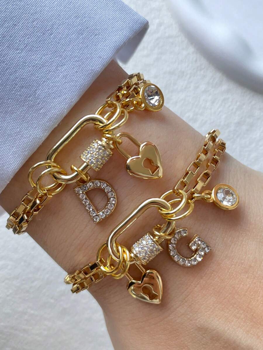 1pc STYLEVER Gold-Color A-Z Letter Bracelet, Screw Clasp Chain, Minimalist Rhinestone Letter Pendant, Stainless Steel Chain, Unique Charm Bracelet, Suitable For Daily, Party, Banquet Decoration - Yellow Gold - View 1