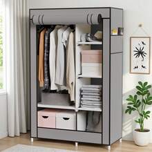 Portable Closet, Clothes Storage Organizer With 6 Shelves, Clothes Hanging Rail, Non-Woven Fabric Closet, Clothing Racks For Hanging Clothes,Portable Wardrobe With 6 Shelves & 1 Hanging Rod, 4 Side Pockets  For Bedroom ﻿ - Xám - Xem 3