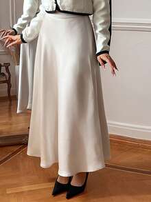 DAZY 纯色高腰A字裙，女士优雅拉链长款常规版型香槟色素面女裙，春秋季，休闲日常穿着，时尚百搭 - 香檳色 - 查看 6