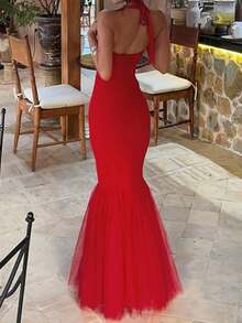 Onicee Women's Christmas Red Fashionable Halter Fishtail Patchwork Dress