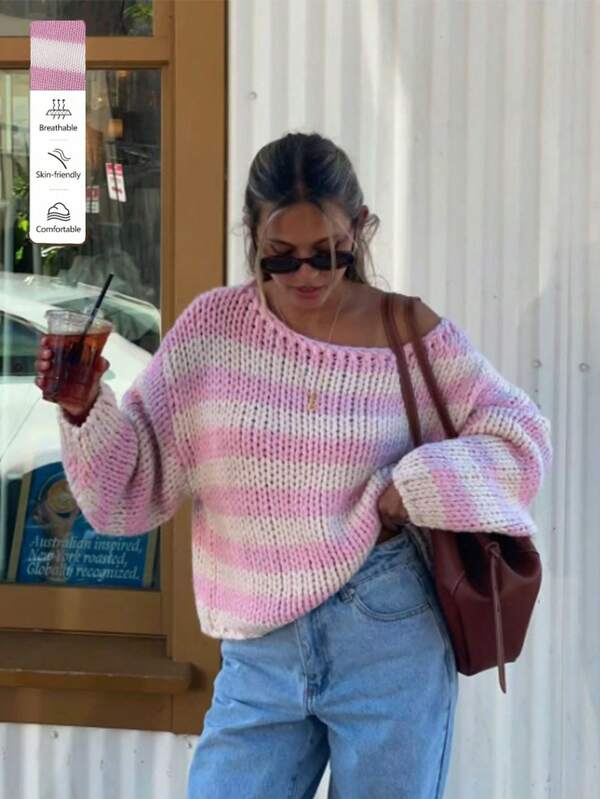 Women's Cute Casual Long Sleeve Off-Shoulder Sweater Striped Pink Knitted Sweater Top Pullover Homecoming Fall Winter Going Out Outfits Clothes Suitable For Daily Wear