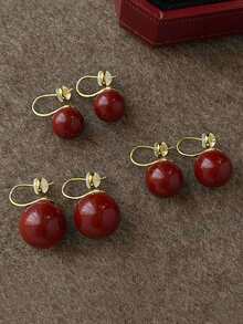 3 Pairs Retro Elegant Chic Minimalist High-End Geometric Burgundy Faux Pearl Ball Stud Earrings Set, Suitable For Women's Daily, Commute, Holiday, Party Wear