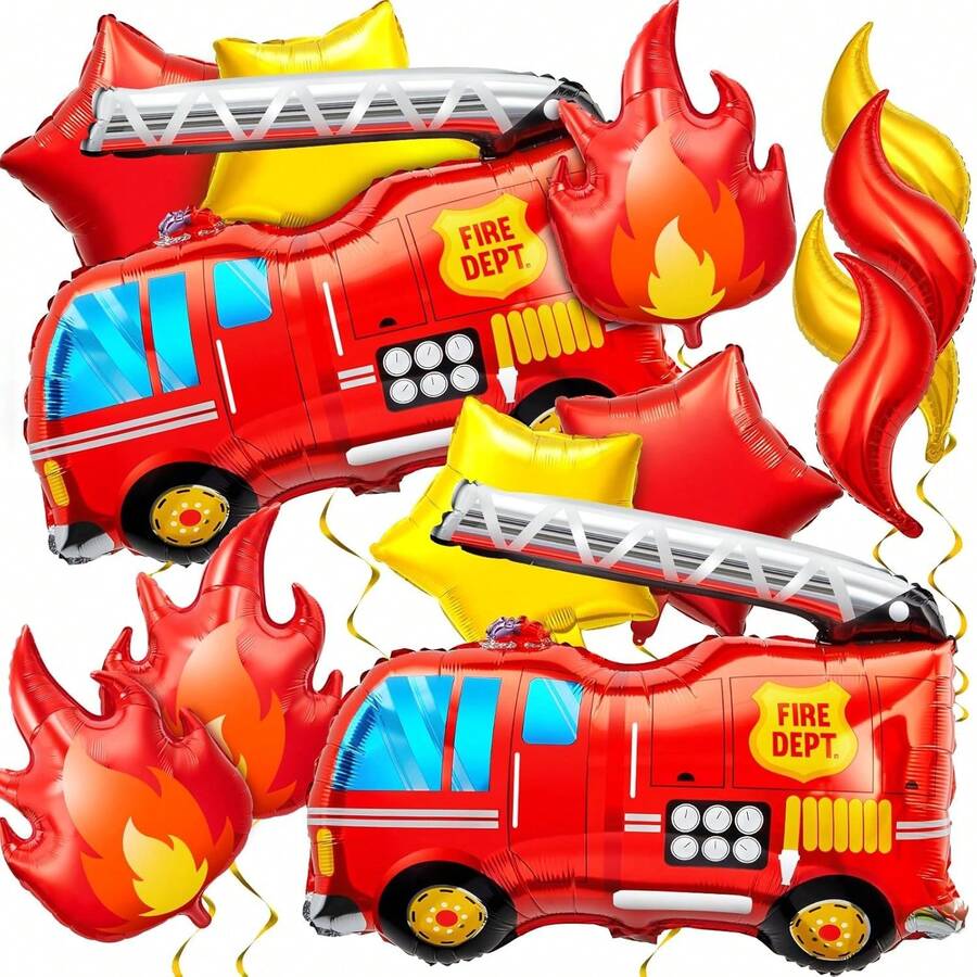 15pcs/Set Fire Truck Balloon Set, Including 3pcs Foil Flame Balloons, 2pcs Fire Truck & Firefighter Balloons, 6pcs Flame Balloons, And 4pcs Star Balloons, Suitable For Rescue Theme Decoration And Firefighter Birthday Party Supplies. - Multicolor - View 1