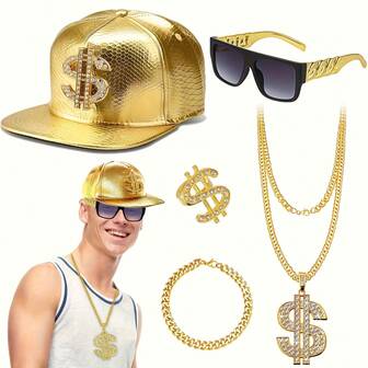 5 件嘻哈服饰珠宝 80 年代/90 年代说唱歌手配饰套装 嘻哈服装套装 美元符号项链 万圣节服饰珠宝