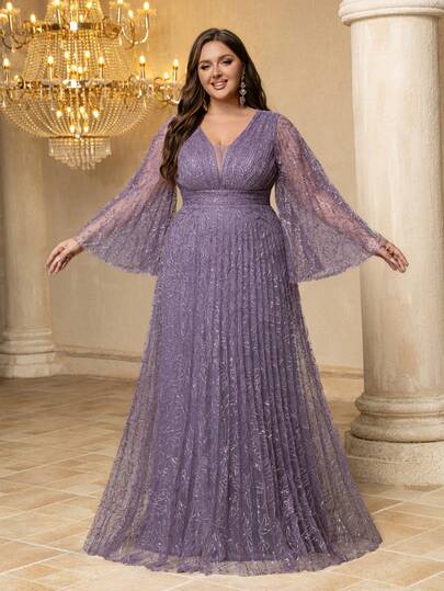 UNITHORSE [Estampado aleatorio] Vestido de noche de ajuste ceñido con cuello en V, manga larga y tela de malla fruncida para mujer talla grande