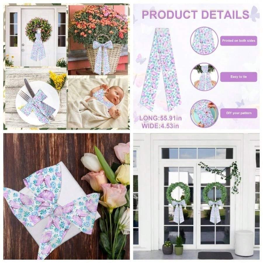Spring Wreath Sash Front Door Spring Tulip Floral Ribbon Wreaths Pink Stripe Wreath Scarf Satin Sash Garland Porch Yard Indoor Outdoor Chair Bow Home Decor 4.5* 56 - Purple Butterfly - View 1