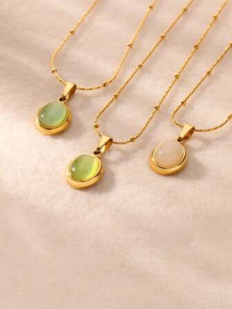 1 件复古绿宝石蛋白石椭圆形项链女士金色不锈钢吊坠项链圣诞珠宝礼物