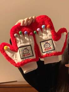 Guanti interi carini a tema dopamina, guanti invernali caldi e soffici per ragazze, studenti e ciclisti, con doppio strato di imbottitura per protezione dal freddo e dal vento, piccoli guanti in peluche a forma di fagiolo, guanti invernali caldi e soffici per donne cicliste, con motivi cartoni animati, mani spesse e calde, adatti come regalo invernale per amici - Multicolore - Visualizzare 2