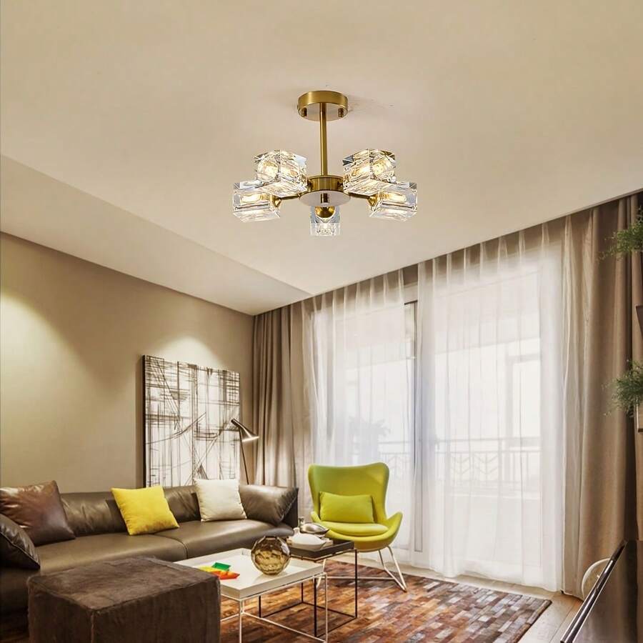 4/5-Light Modern Luxury Crystal Cube Flush Mount Ceiling Light For Bedroom, Kitchen, Living Room, Study, Bar, Closet, Foyer, Hallway, No Switch And Remote Control