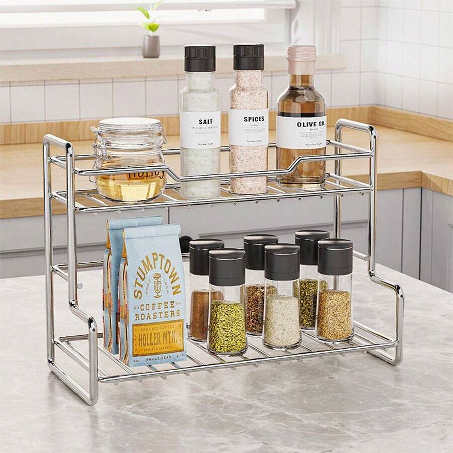 1pc Stainless Steel Double-Layer Kitchen Storage Rack, Large Capacity Spice Rack, Cutlery Draining Rack, Multifunctional Desktop Storage Rack For Toiletries And Cosmetics, Suitable For Kitchen, Dining Room, Bathroom, Balcony, Living Room And Bedroom