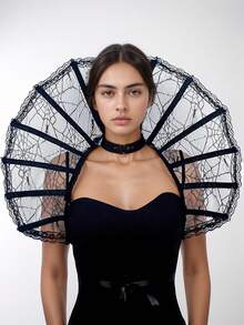 Halloween Medieval Retro Queen Vampire Shawl Headwear Cosplay With Skeleton Black Lace Cape Collar Cosplay Costume Accessories, Polyester