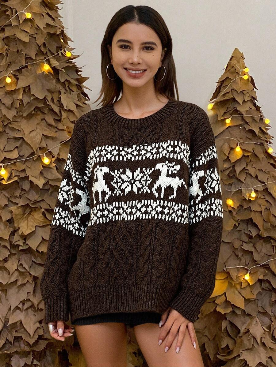 Livesso 1pc Women Cartoon Color Block Crew Neck Long Sleeve Sweater,Long Sleeve Tops,Fall Women Clothes Christmas - Coffee Brown - View 1