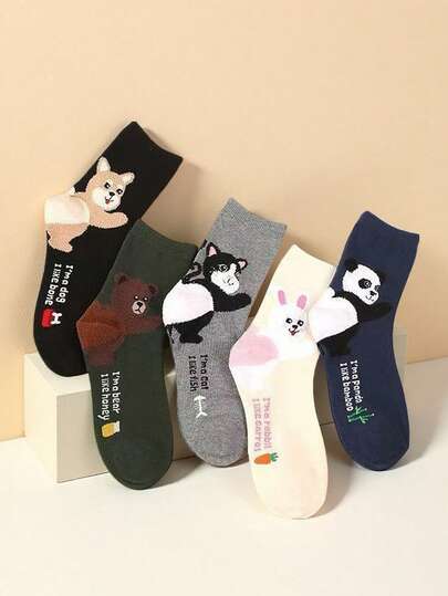 3 Pairs Assorted Cute Animal Print Warm & Comfortable Mid-Calf Socks, Autumn/Winter