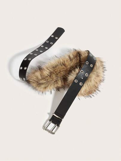 1pc Women's Faux Fur Belt With Double Buckle, Unique Personalized American Style Wide Faux Fur Waist Belt, Fashion Waist Decoration For Jeans, Dresses, Suitable For Daily Wear