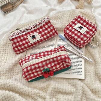 Cute Red Color Cherry Plaid Stationery Storage Bag Large Capacity Multi-Functional Cosmetic Bag Kawaii Pencil Case