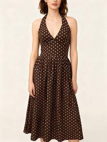 Women's Polka Dot Contrast Color Bohemian Elegant Backless Tie Sheer Dress, Suitable For Dates Summer Party - Brown - View 2