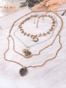 1 pieza Collar con colgante de moneda, corazón y insignia de diseño exagerado y multicapa, de moda y versátil - Collar con insignia de cadena - Ver 4