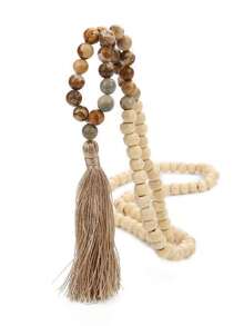 1pc Turquoise Wood Bead Long Necklace With Bohemian Style Tassel Pendant, Meditation Beads Jewelry Gift For Women & Men - Multicolor - View 2