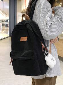 Minimalist Large Capacity Backpack For Women, Solid Color, Functional Corduroy Backpack With Letter Patch, Large Capacity, Lightweight And Portable, Perfect For Teens, Women, Students - Black - View 3