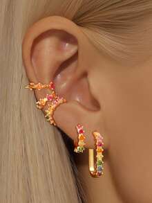 5 Pcs/Set (For 1 Side Ear) Earrings Set For Women Gold Plated Zirconia Rainbow Ear Stud Hoop Earring Women Elegant Jewelry Accessories - 5 Pcs/Set - View 8