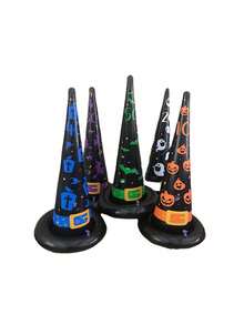 1pc Inflatable Witch Hat Toss Ring Game, Halloween Prank Toy Ring Toss Set, 1 Hat + 4 Rings (2 Large, 2 Small), Random Colors - Multicolor - View 3