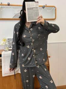 2pcs Women Pajama Set, Collared Cardigan Sleepwear, Long Sleeve Top With Dog Animal Print, Full Length Pants With English Style Print, Comfortable & Fashionable For Home & Leisure, Suitable For Spring, Autumn & Winter - Dark Grey - View 4