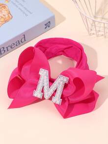 1 Pc A-Z Letters Elegant Plain Large Bow Ribbon Headband For Girl Baby Sweet Pearl Bow Hairbands Soft Satin Hair Bows Fashion Hair Accessories - Hot Pink - View 2