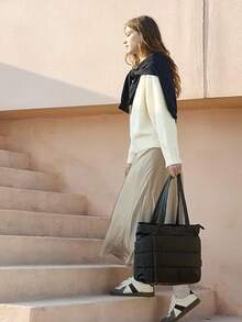 Puffer Tote Bag For Women, Lightweight Puffy Work Handbag Teacher Nurse Quilted Shoulder Bag For School Travel Gym - Black - View 5