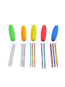 Bộ 5 kim móc ergonomic, kích thước từ 2mm đến 10mm, tay cầm thoải mái, màu sắc ngẫu nhiên, tay cầm hình bầu dục cầu vồng, tay cầm có thể tháo rời, phù hợp cho người bị viêm khớp và người làm thủ công, phụ kiện thoải mái cho đan, móc và DIY. - Nhiều màu - Xem 2