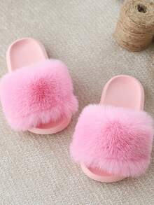 女童毛绒拖鞋 皮毛人字拖 赤脚儿童拖鞋 女童家居拖鞋 室内外皆宜 - 粉色 - 查看 12